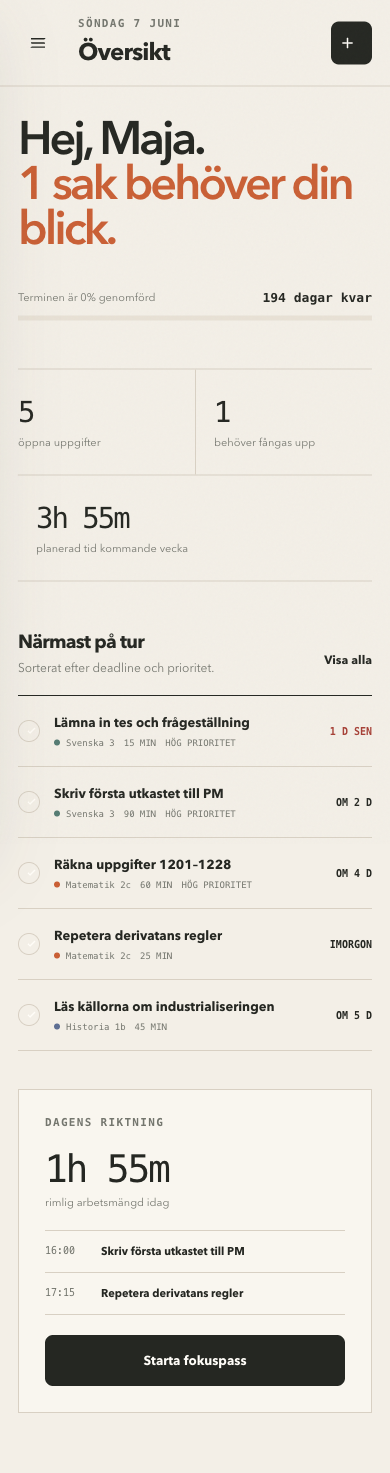 Terminskompass på mobil med uppgifter och dagens studieplan