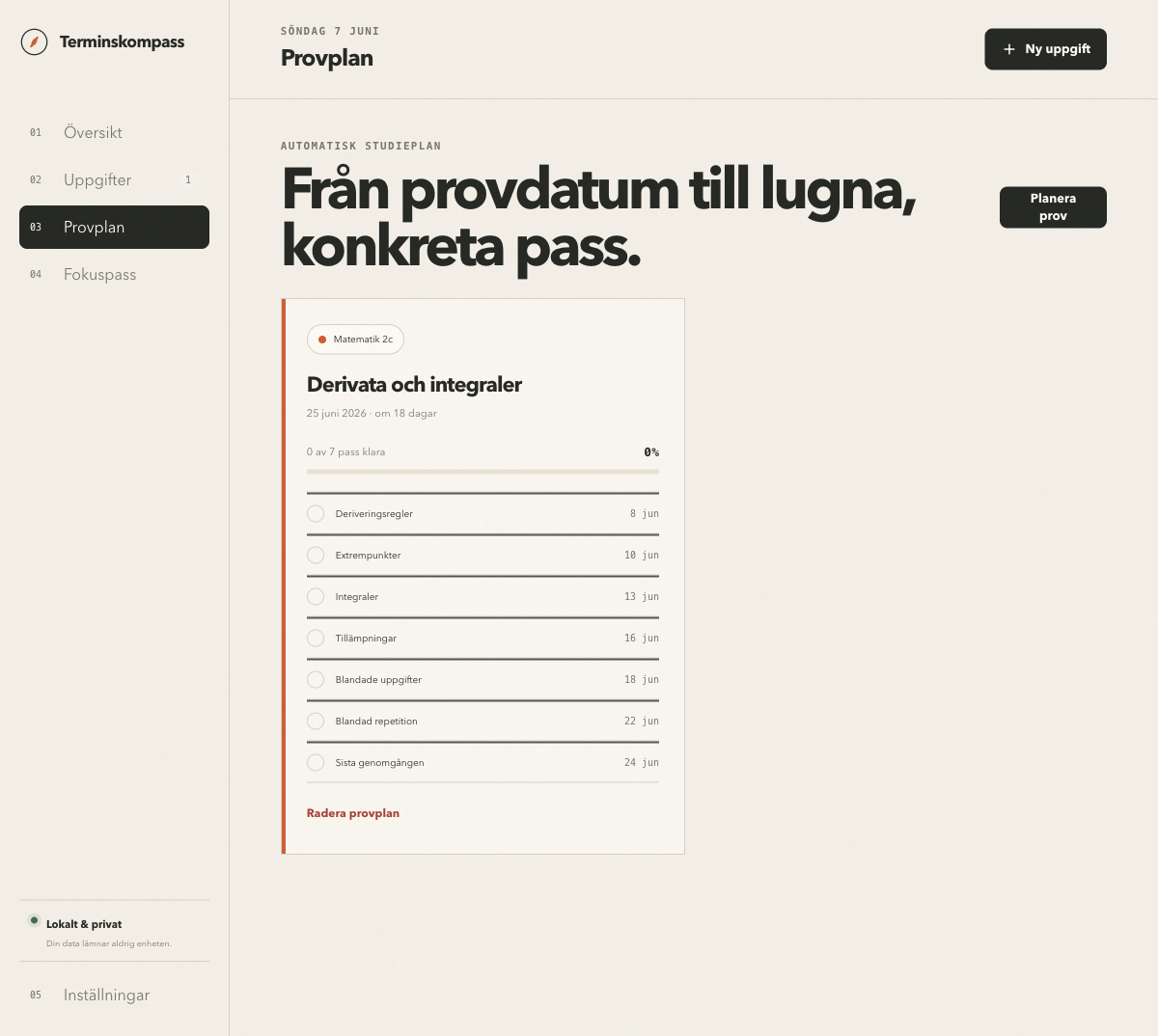 Automatisk provplan i Terminskompass med sju studiepass